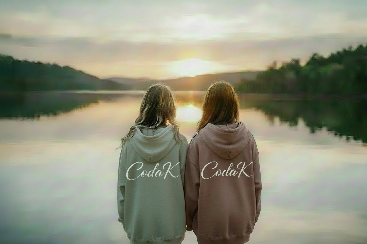 Make a cute background and at the bottom make it say Coda at the bottom and make the image of two girls looking out into the water with hoodies in that say CodaK&Co.